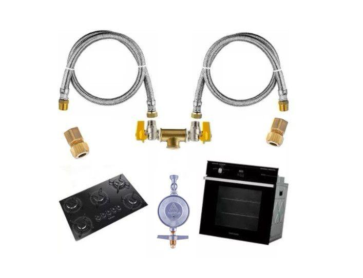 Imagem de Kit Duplo Mangueiras Gás 1,2mt Inox Instalação Cooktop Forno