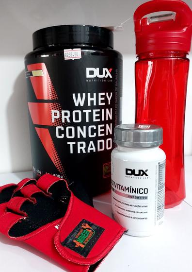 Imagem de Kit dux - whey protein concentrado sabor baunilha + multivitaminico + luva + garrafa