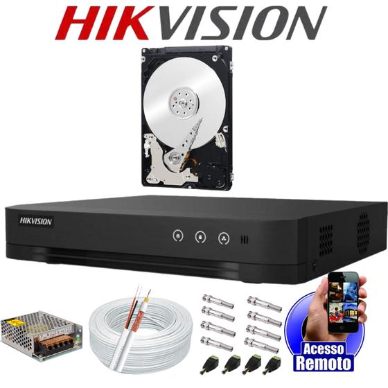 Imagem de Kit Dvr 4 Canais Hikvision Full Hd + Cabo + fonte + Conectores para 4 Câmeras