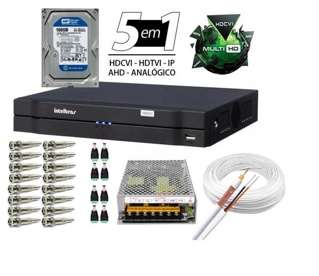 Imagem de Kit Dvr 8 Canais Intelbras Full Hd + Cabo + fonte + Conectores C/Hd 160gb