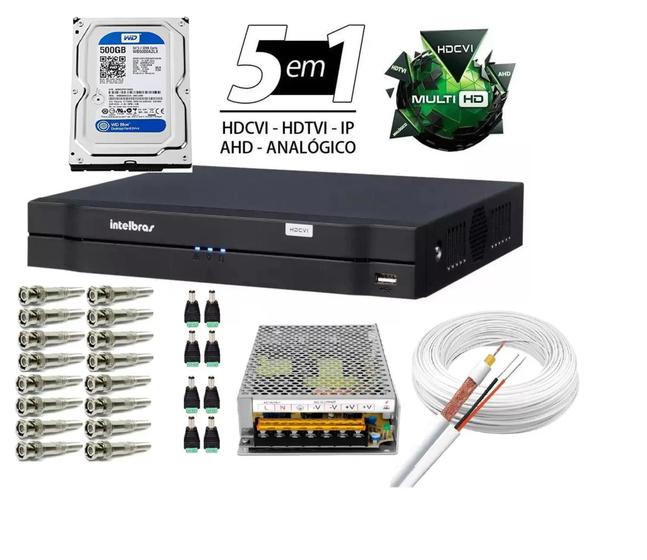 Imagem de Kit Dvr 8 Canais Intelbras Full Hd + Cabo + fonte + Conectores C/Hd 500gb