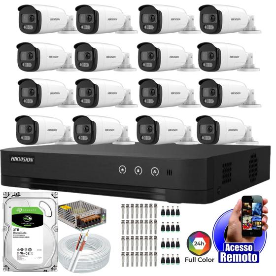 Imagem de Kit Dvr Hikvision 16 Canais H.265 3TB 16 Câmeras Full Hd Colorvu Imagens Norturnas Coloridas 20m