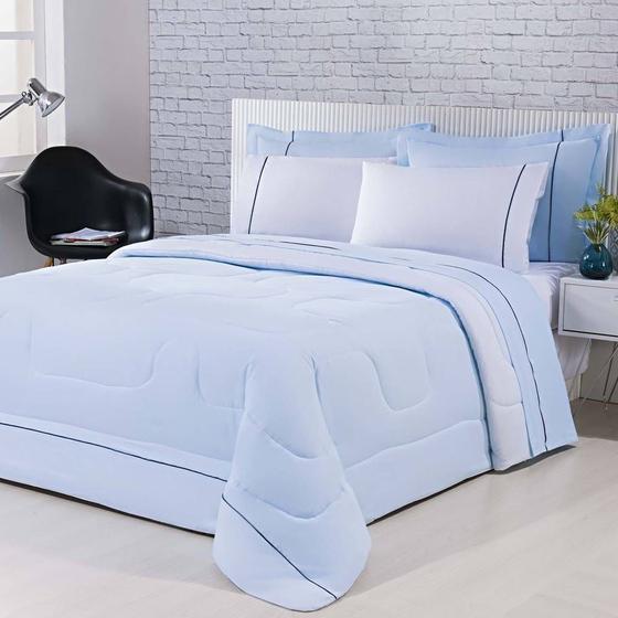 Imagem de Kit Edredom 100% Algodão Percal 150 Fios Dupla Face King + Jogo De Cama Gran Moratta 7 Peças - Branco/ Azul