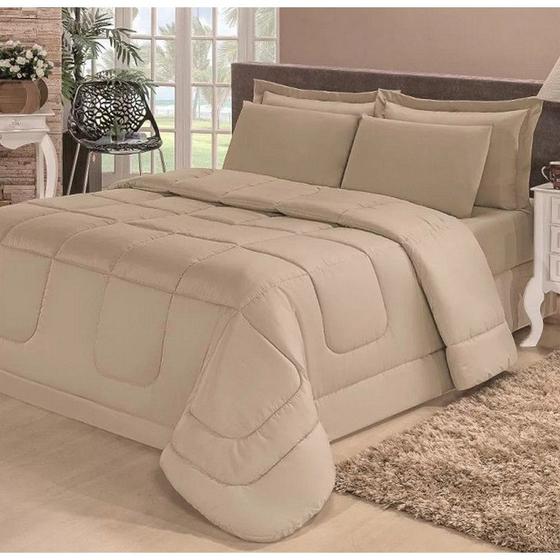 Imagem de Kit Edredom Aconchego Casa Dona Dupla Face Casal Queen 6 Pçs com Lençol Bege