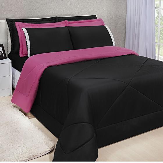 Imagem de Kit Edredom Dupla Face Ternura Casal Queen 6 Peças - Pink e Preto