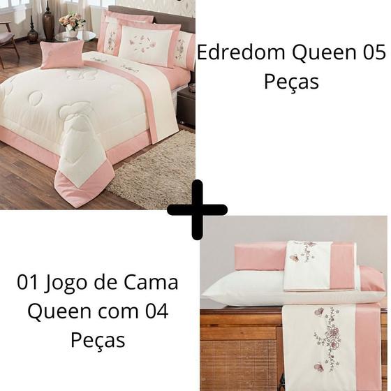 Imagem de Kit Edredom + Jogo Cama Flora Queen 80% Algodão Palha E