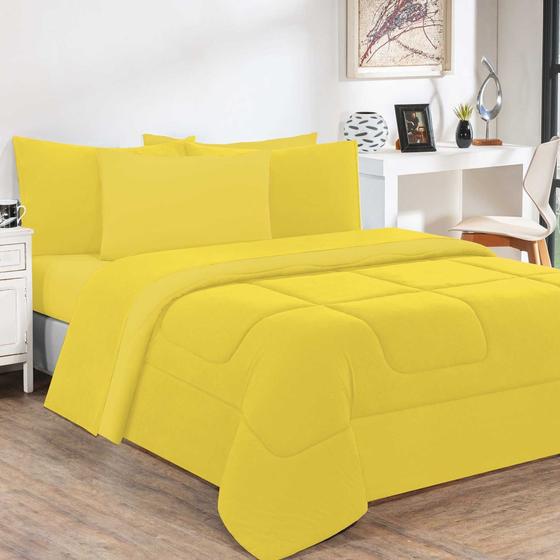 Imagem de Kit Edredom + Jogo De Lençol Malha 100% Algodão Gran Moratta 6 Peças Casal - Amarelo/Amarelo 