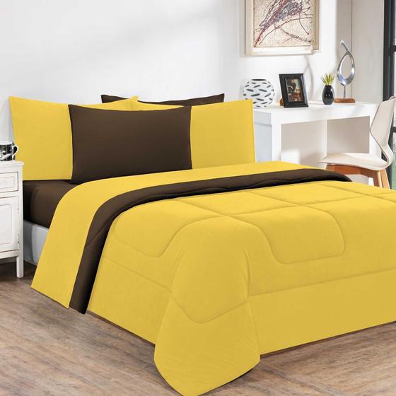 Imagem de Kit Edredom + Jogo De Lençol Malha 100% Algodão Gran Moratta 6 Peças Queen - Amarelo/Marrom 