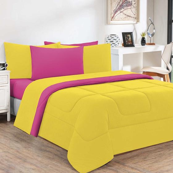 Imagem de Kit Edredom + Jogo De Lençol Malha 100% Algodão Gran Moratta 7 Peças Casal - Amarelo/Pink 