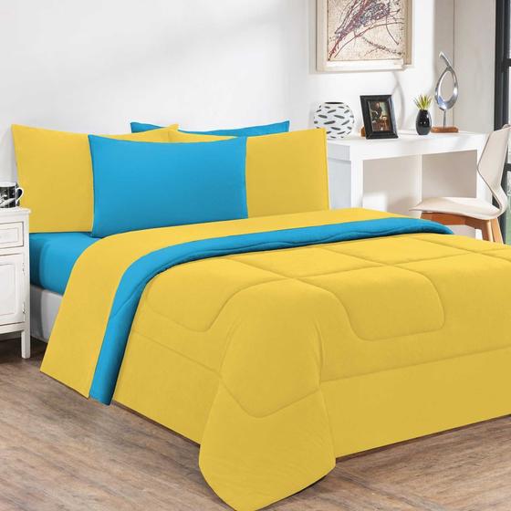 Imagem de Kit Edredom + Jogo De Lençol Malha 100% Algodão Gran Moratta 7 Peças King - Amarelo/Azul Turquesa 