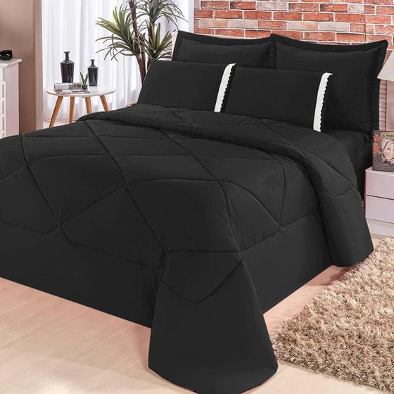 Kit Edredom + Lençol Aconchego Dupla Face Casal Queen 6 Peças - Preto Menor preço em Kit Edredom + Lençol Aconchego Dupla Face Casal Queen 6 Peças - Preto