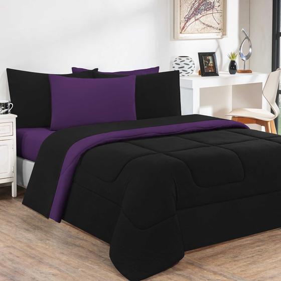 Imagem de Kit Edredom Malha 100% Algodão Gran Moratta 3 Peças Casal - Preto/Roxo 