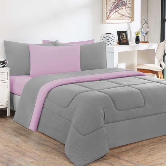 Imagem de Kit Edredom Malha 100% Algodão Gran Moratta 3 Peças King - Cinza/Rosa Bebê 