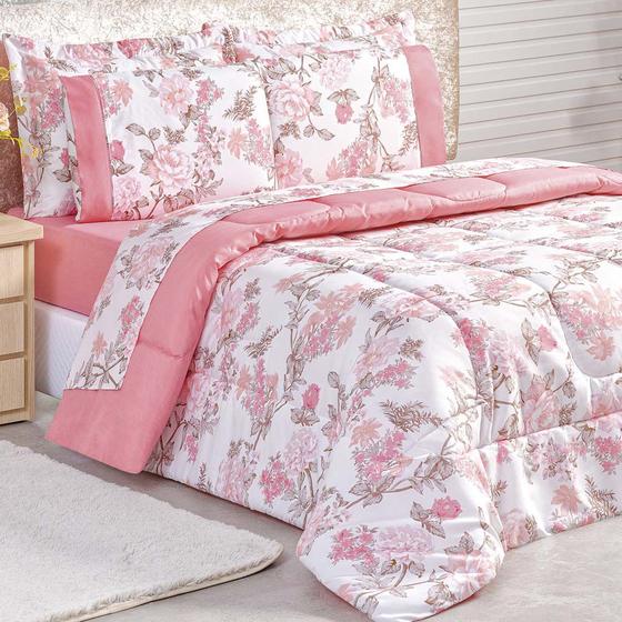 Imagem de Kit Edredom Real Casal Queen Micro Percal 200 Fios 03 Peças Rosa Floral Serene