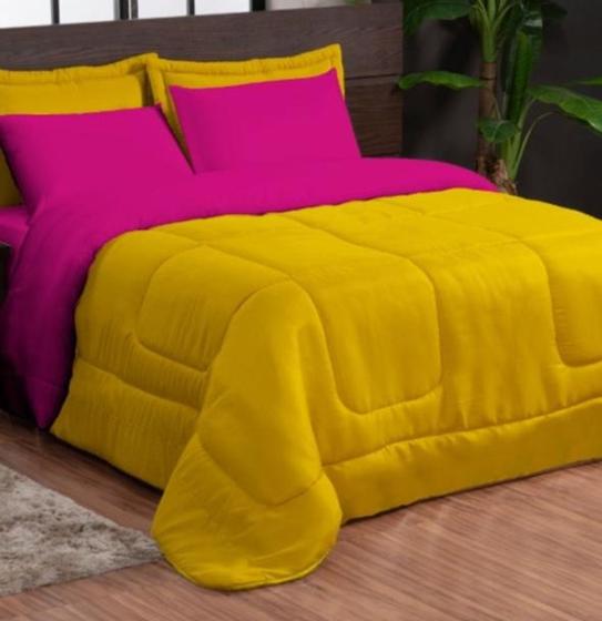 Imagem de KIT Edredon Dupla Face Casal Queen 05 Peças Amarelo Pink