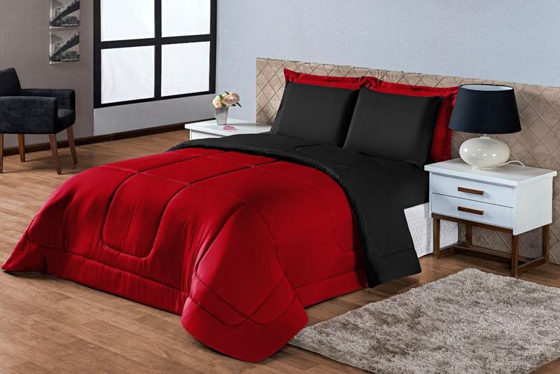 Kit Edredon Ternura Casal Queen 6 Peça Vermelho Preto Dupla Face Menor preço em Kit Edredon Ternura Casal Queen 6 Peça Vermelho Preto Dupla Face