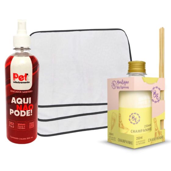 Imagem de Kit Educador Aqui Não Pode 500ml + Difusor de Ambiente 250ml Champanhe + 3 Tapetes Higiênicos Pet