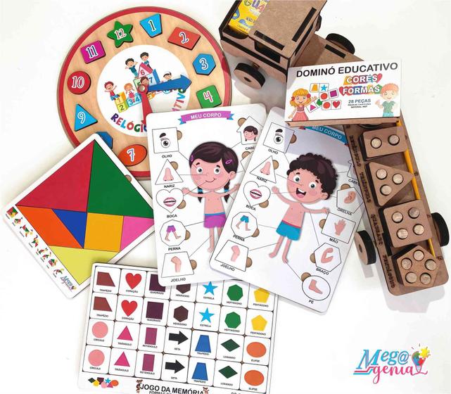 Imagem de Kit educativo brinquedos e jogos pegagogicos aprendendo formas em madeira