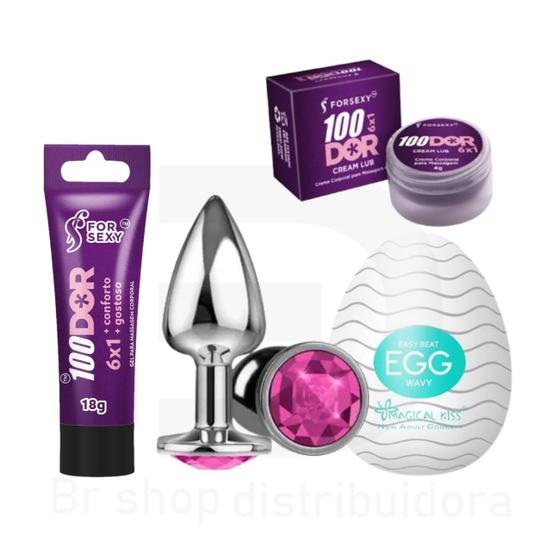 Imagem de Kit Egg Masturbador + 100Dor 6X1 Cream Lub Anal + Plug Anal Tamanho P + 100dor Lubrificante Anal