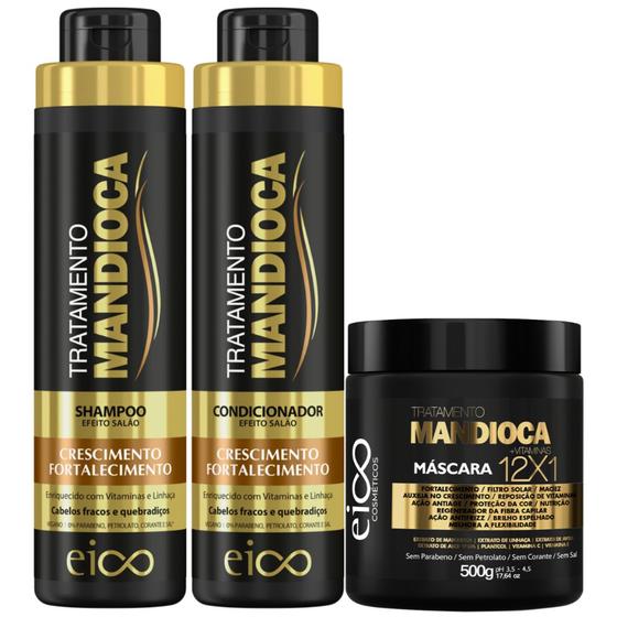 Imagem de Kit Eico Mandioca Shampoo 800ml e Condicionador 750ml + Máscara Hidratação 500g