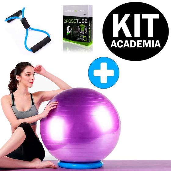 Imagem de Kit Elástico de Tensão Extensor Cross Tube + Bola Suíça Pilates Yoga 55cm