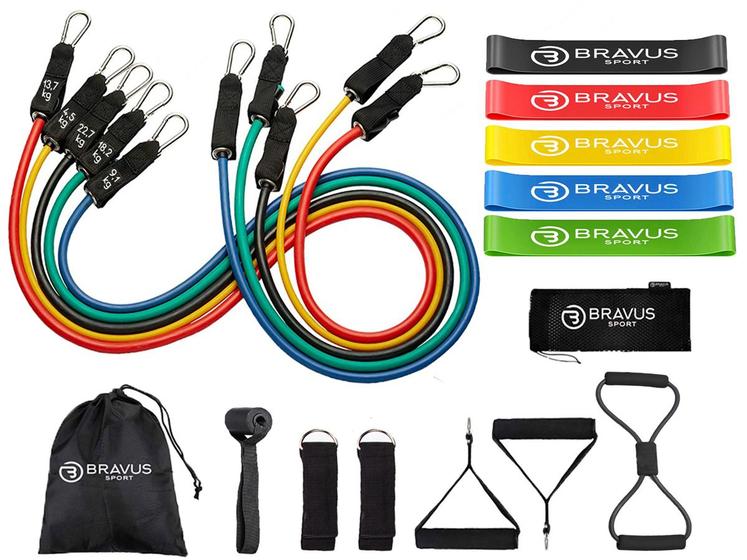 Imagem de Kit Elástico Tubing Pro 68kg 12 Peças + 5 Mini bands Elástico Extensor Cor: Preto