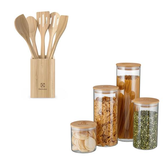 Imagem de Kit electrolux de 4 potes hérmeticos com tampa de bambu e 6 utensilios bambu