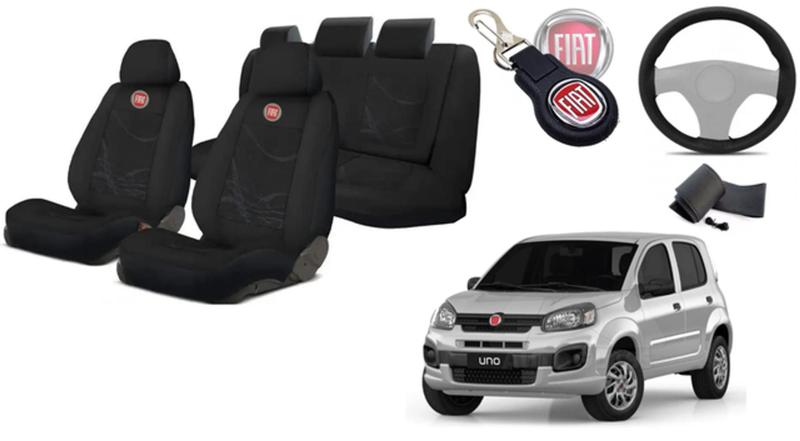 Imagem de Kit Elegância para Banco Uno 2012-2018: Capas, Volante, Chaveiro Fiat