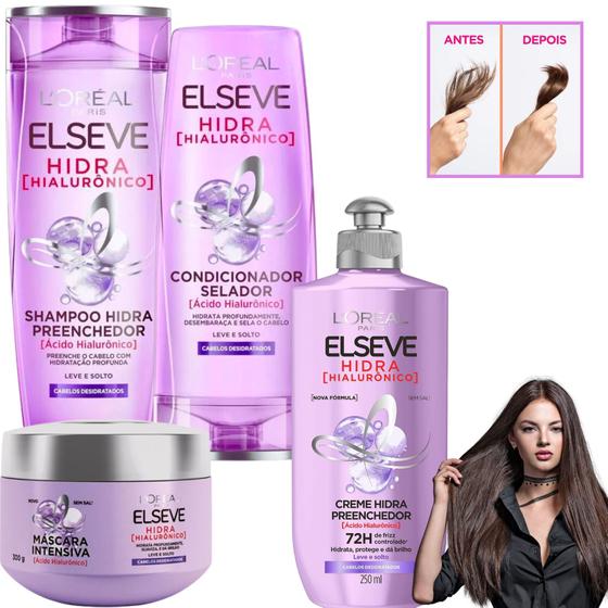 Imagem de Kit Elseve Hidra Loreal Paris Acido Hialuronico 400ML Shampoo Condicionador Creme de Hidratação Intensivo Antifrizz