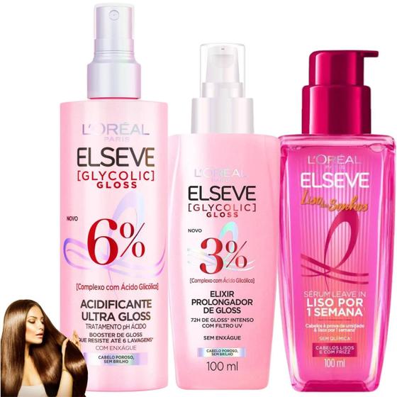 Imagem de Kit Elseve Sérum Leave In Acidificante Elixir Glycolico Gloss Novo Liso dos Sonhos Antifrizz Brilho