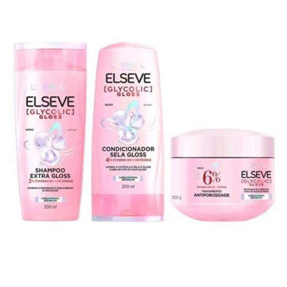 Imagem de Kit Elseve Shampoo Condicionador 200 ml + Mascara Tratamento Glycolic Gloss - Loreal