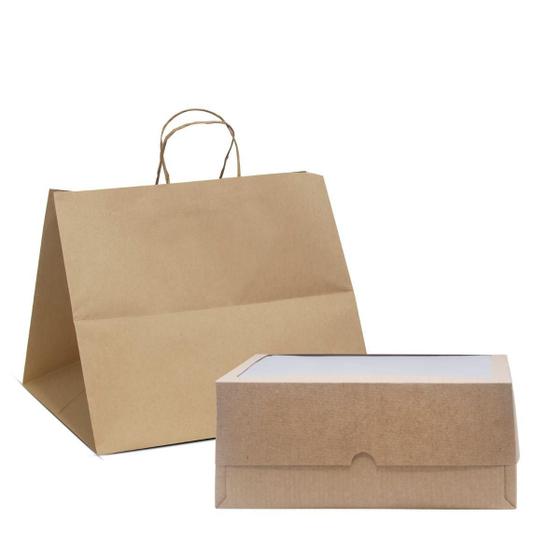 Imagem de Kit Embalagem para Torta - Caixa com visor 28x28x10 + Sacola de Papel Kraft