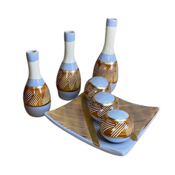 Imagem de Kit Enfeite Sala Cerâmica Trio de Vasos e Prato - Pininho