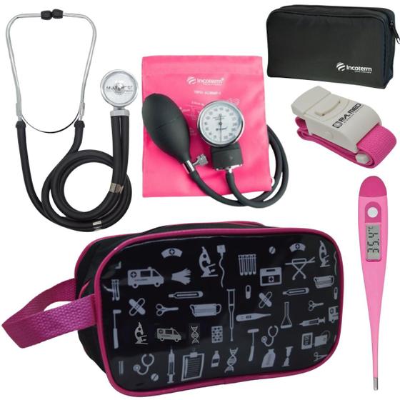 Imagem de Kit Enfermagem Acadêmico Com Aparelho de Pressão Estetoscópio Rappaport Duplo Estampado Estágio Completo
