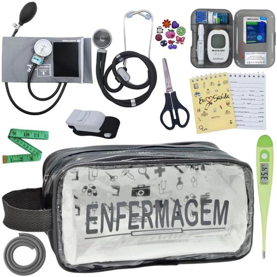 Imagem de Kit Enfermagem Aparelho de Pressão Estetoscópio Aneroide Medidor Glicemia Transparente Enfermagem Pa Med