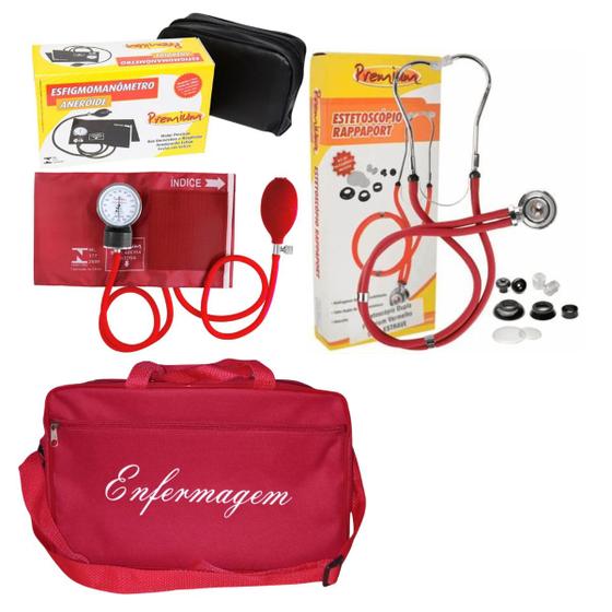 Imagem de Kit Enfermagem com esteto esfigmo e bolsa Vermelho