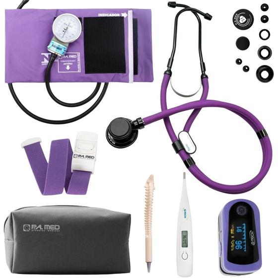 Imagem de Kit Enfermagem Completo Estetoscópio Ap Pressão Garrote Oxímetro Termômetro (Roxo Black)