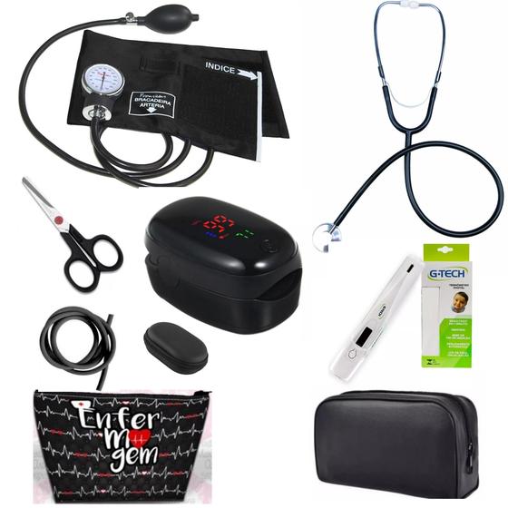 Imagem de Kit Enfermagem Estágio Acadêmico Oxímetro Pulso Dedo Adulto/Pediátrico + Estetoscópio + Esfigmomanômetro Premium G-tech