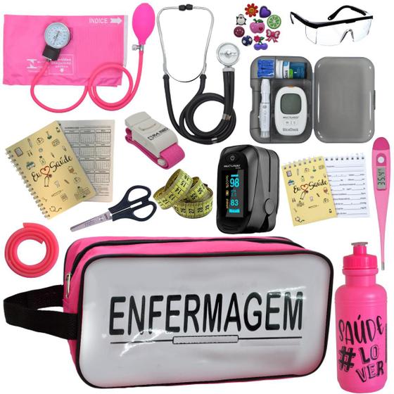 Imagem de Kit Enfermagem Estetoscopio Multi Aparelho de Pressao Manual Completo Necessaire Transparente Estagio Premium