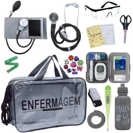 Imagem de Kit Enfermagem Transparente Medidor Glicose Aparelho Pressao Estetoscópio Multi PA MED