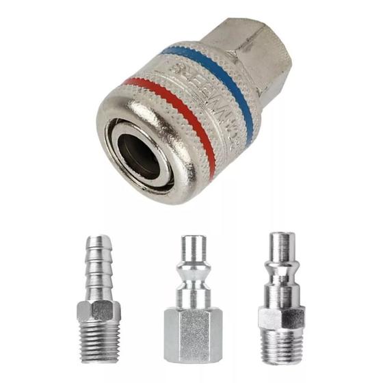 Imagem de Kit Engate Rápido De Ar Rosca Fêmea + 3 Pinos Crômado 1/4''