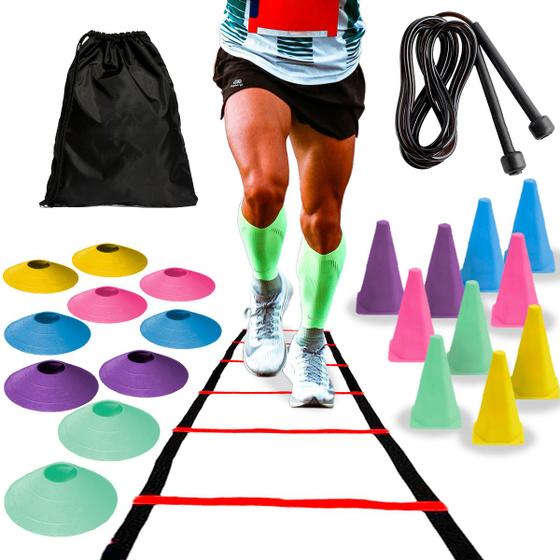 Imagem de Kit Escada 7 Degraus + Cones de Agilidade + Chapéus Chines Colorido + Corda de Pular + Mochila Nylon Impermeável Para Treino Funcional Academia Treino