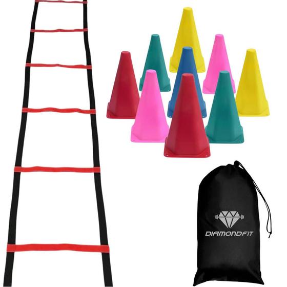 Imagem de Kit Escada 7 Degraus + Mochila Nylon Impermeável + 10 Cones de Agilidade Colorido Para Ginástica Treino Funcional Em Casa Academia Fitness