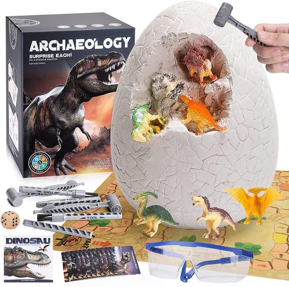 Imagem de Kit escavação ovo dino gigante com 12 brinquedos dino 5+ 6 ferramentas escavação educação presente