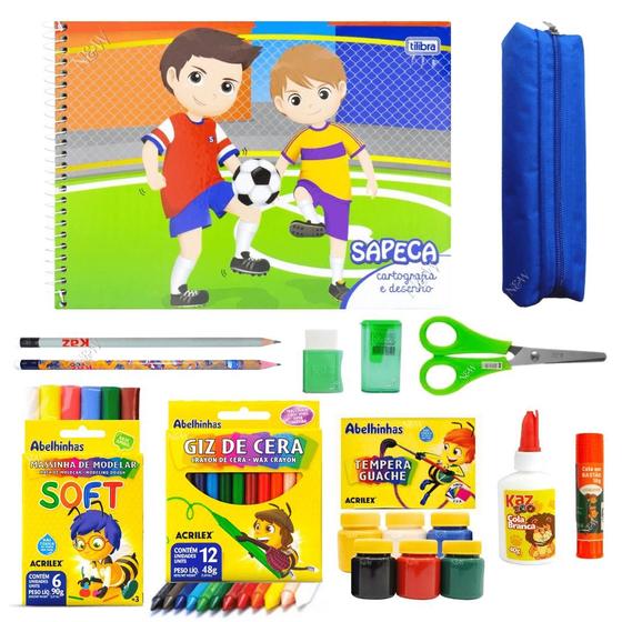 Imagem de Kit Escolar 12 itens Caderno Cartografia Menino Menina