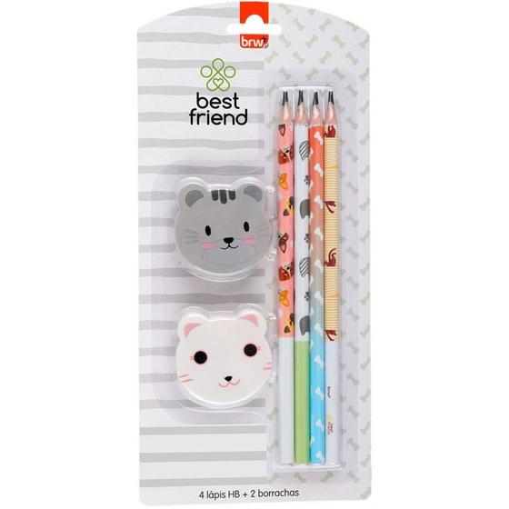 Kit Escolar BEST Friends com 4 Lápis HB + 2 Borrachas - Blister Menor preço em Kit Escolar BEST Friends com 4 Lápis HB + 2 Borrachas - Blister