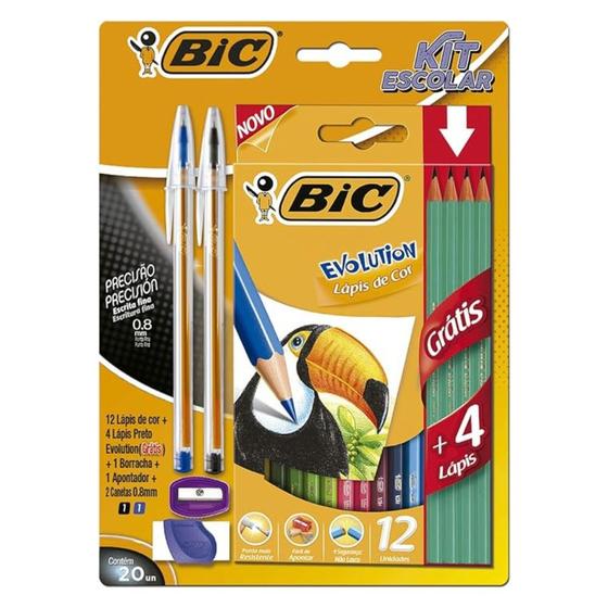 Imagem de Kit Escolar Bic 12 Lápis de Cor+4 Lápis Preto+Borracha+Apontador+2 Canetas 0,8mmCristal