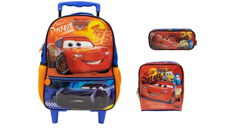 Imagem de Kit Escolar Carros G Mochila De Rodas + Lancheira + Estojo