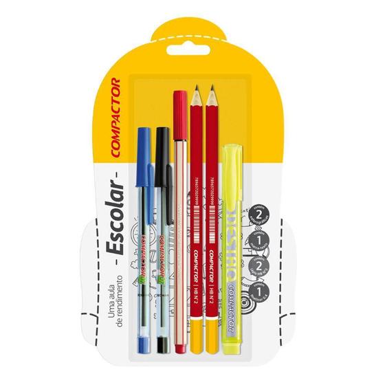 Imagem de Kit Escolar Compactor com 3 Canetas + 2 Lápis + Marca Texto