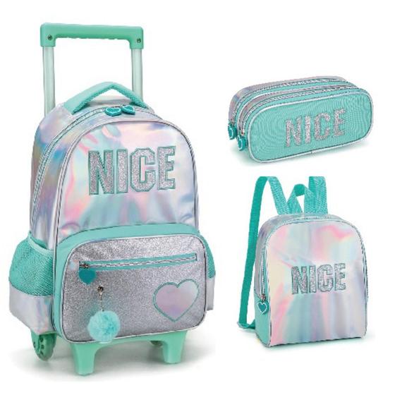Imagem de Kit Escolar Completo Mochila de Rodinha Lancheira e  Estojo Holográfico Nice Kika IN24904-05-06